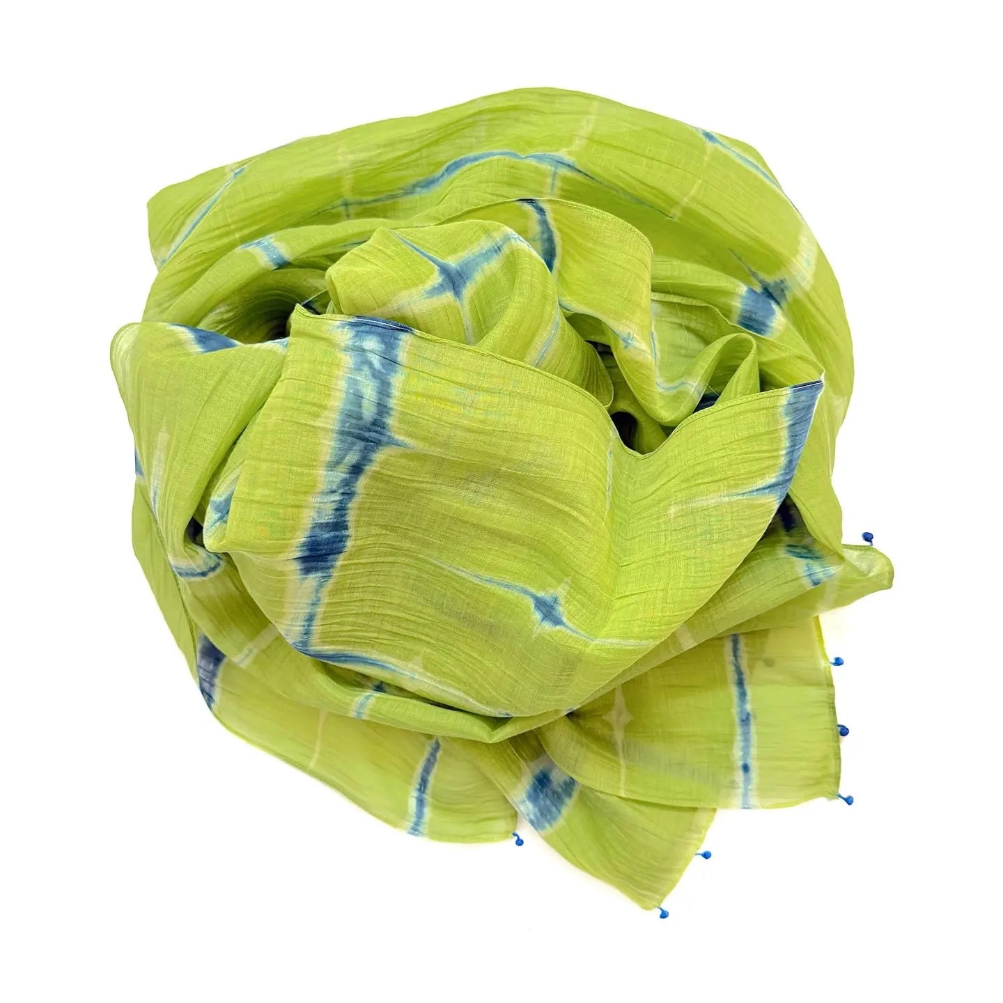 Scarf--Clamp-Dyed, Cotton-Silk, Lime & Turquoise (Marigold Row)