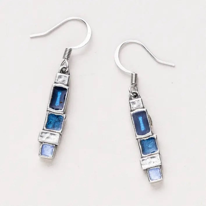 Earrings--"Stepping Stone", Dangle, Pewter & Enamel, Blue Squares (Danforth Pewter)