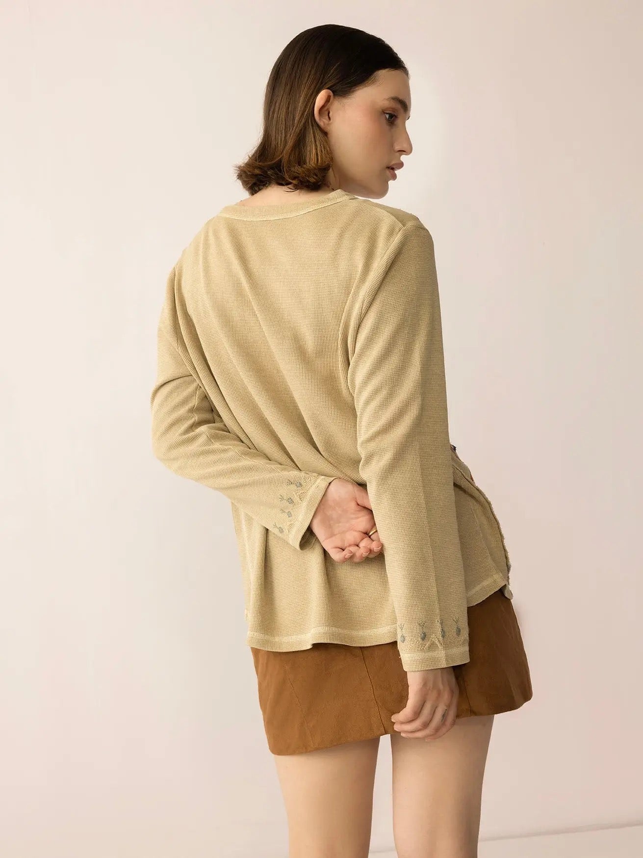 Cardigan--"Birdsong Bloom", Floral Embroidery, Almond (Bohera)