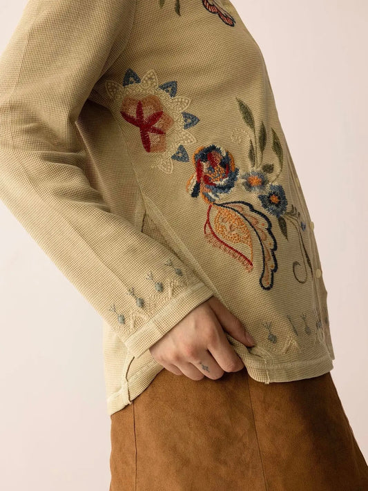 Cardigan--"Birdsong Bloom", Floral Embroidery, Almond (Bohera)