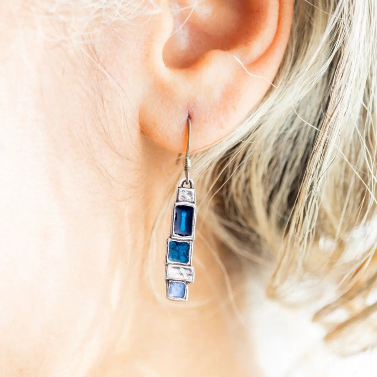 Earrings--"Stepping Stone", Dangle, Pewter & Enamel, Blue Squares (Danforth Pewter)