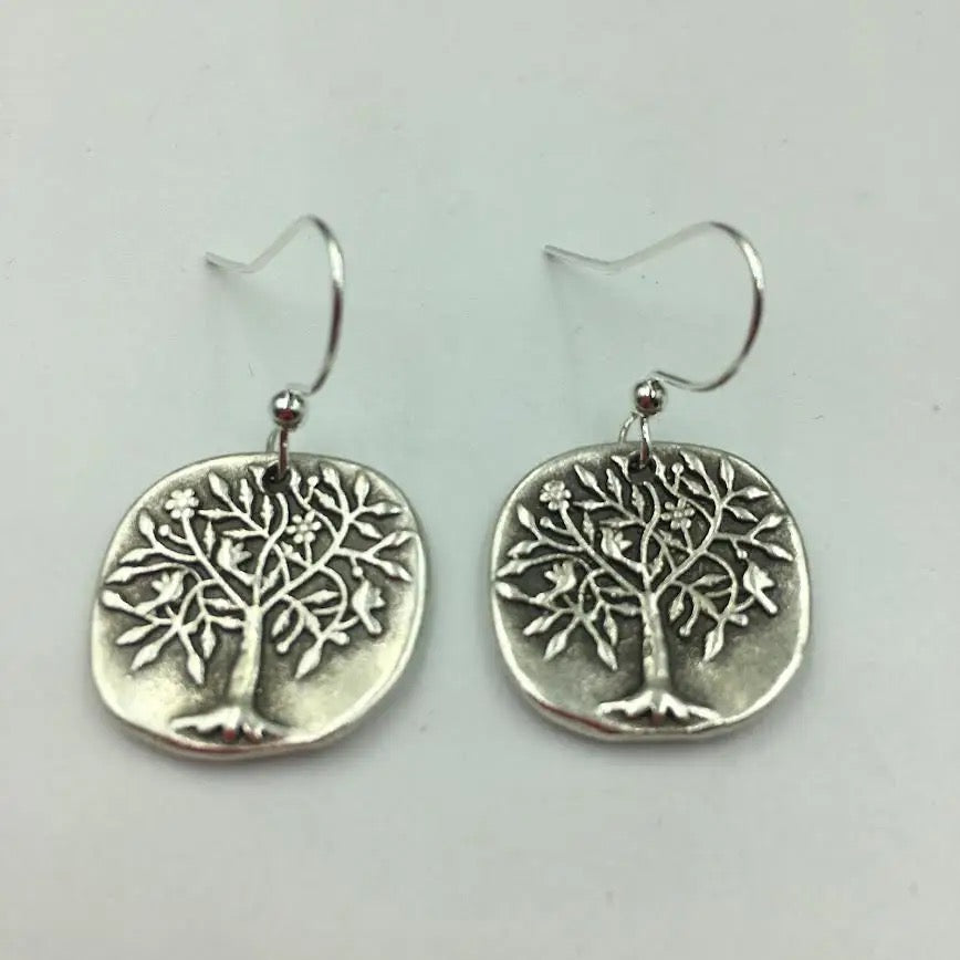 Earrings--"Tree of Life", Dangle, Silver-Plated Brass (Volare)