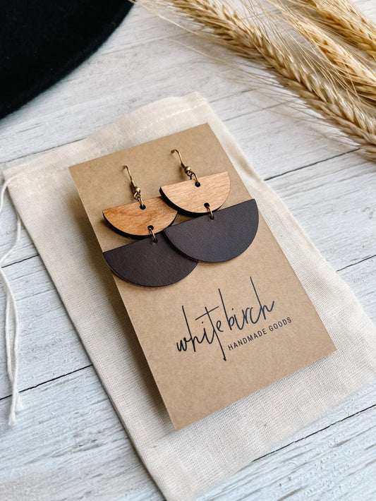 Earrings--Double Half Moons, Leather & Wood, Cherry & Brown (White Birch)