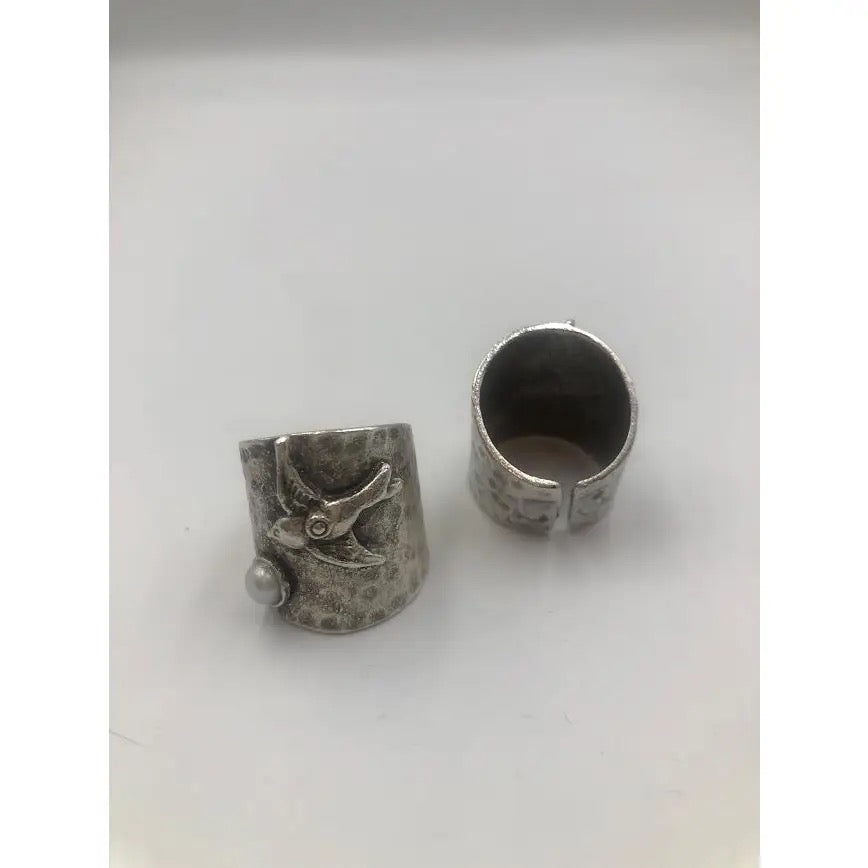 Ring--"Bird With Stone", Silver-Plated Brass, 4 Stones (Volare)