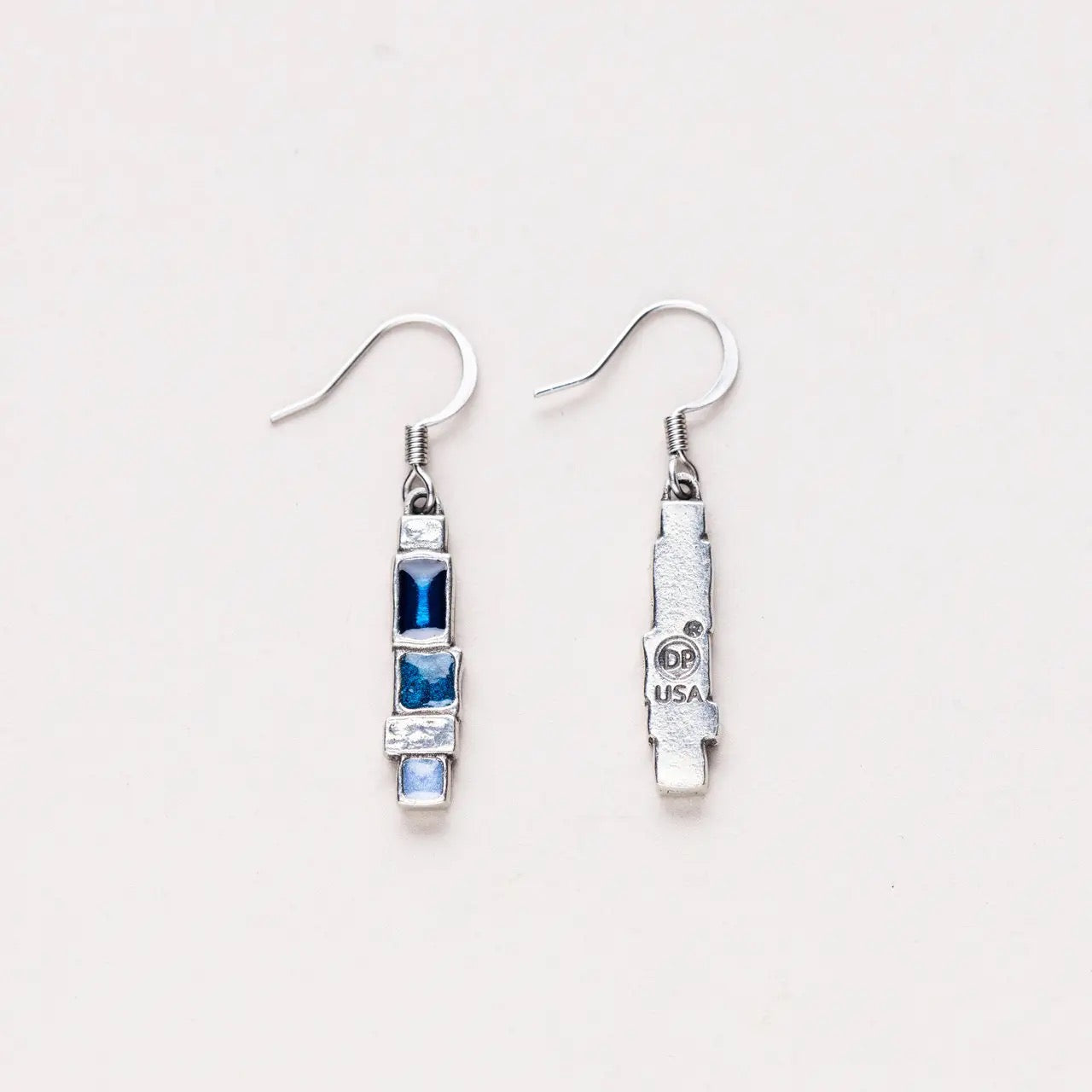 Earrings--"Stepping Stone", Dangle, Pewter & Enamel, Blue Squares (Danforth Pewter)