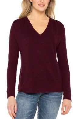 Sweater--V-Neck, Shirring at neck, Maroon OR Mocha (Liverpool LA)