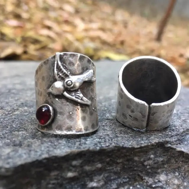 Ring--"Bird With Stone", Silver-Plated Brass, 4 Stones (Volare)