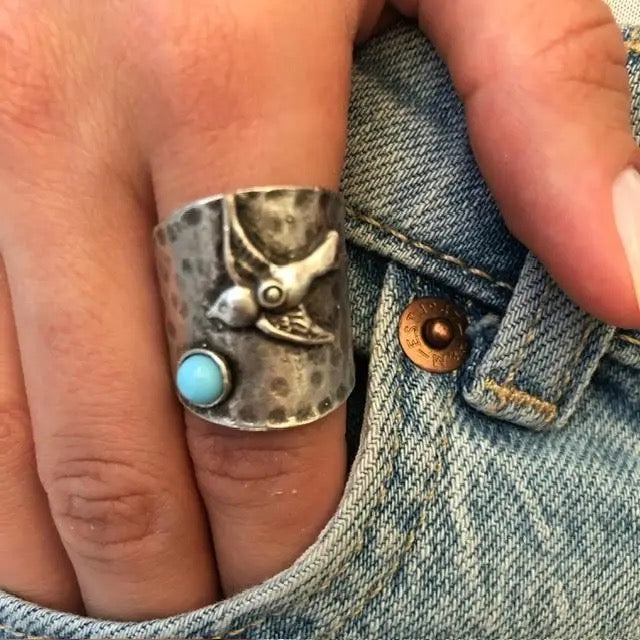 Ring--"Bird With Stone", Silver-Plated Brass, 4 Stones (Volare)