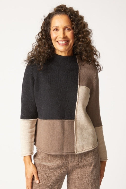 Sweater--Funnel Neck, Colorblock--Black/Cream/Brown  (Habitat)