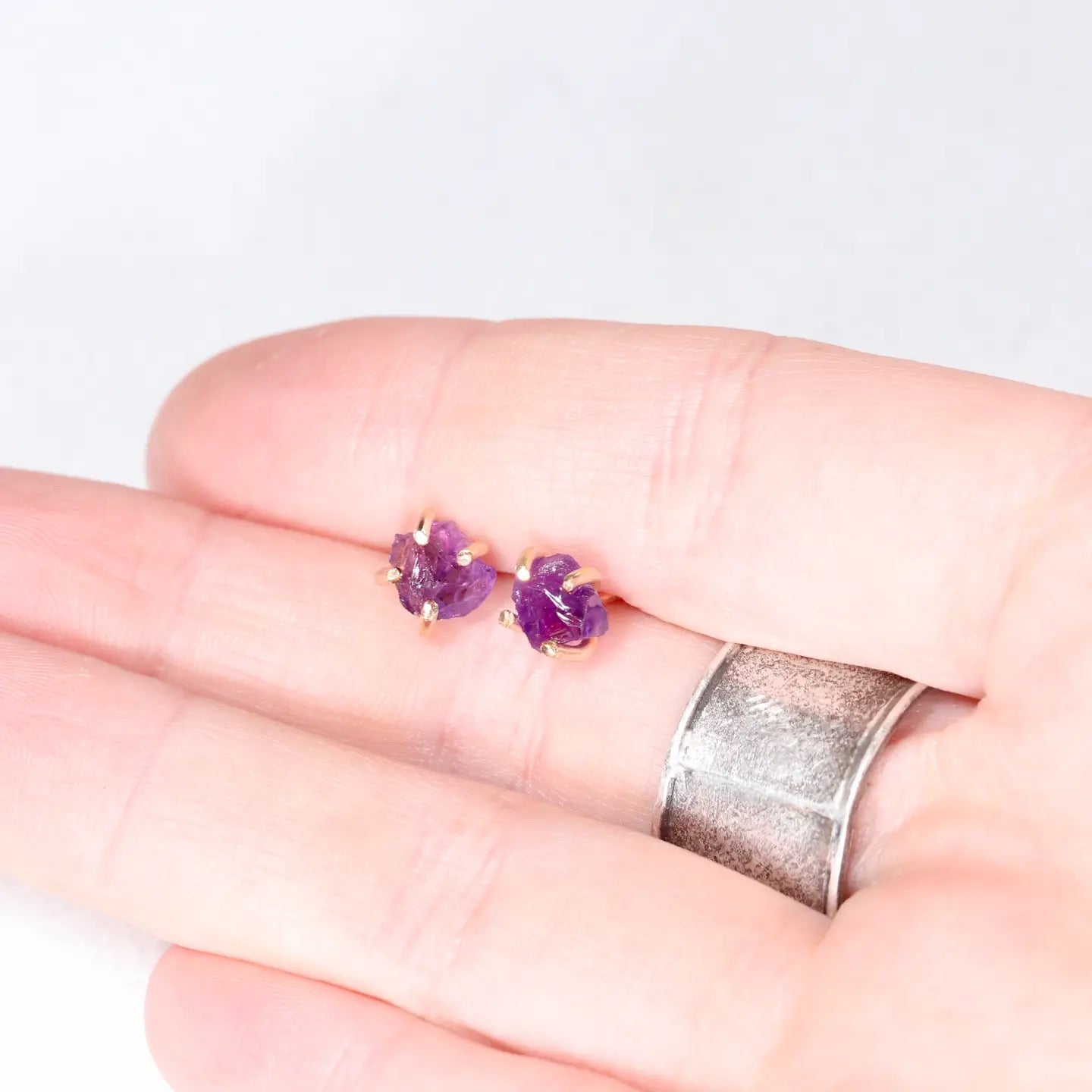 Earrings--Stud, Raw Stone, Silver OR Gold, 3 Stones (Esme)