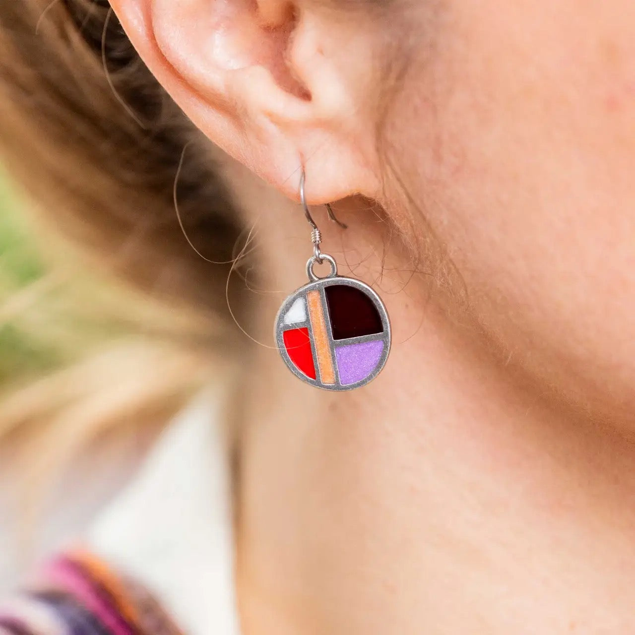 Earrings--"Rum Punch", Dangle, Pewter & Enamel, Purple/Red/Mustard/Brown (Danforth Pewter)