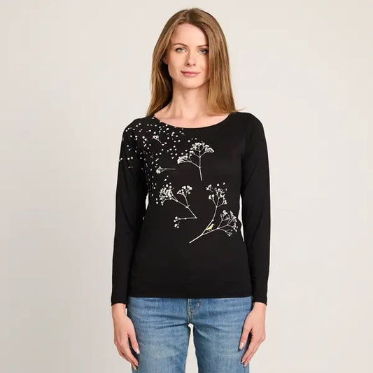 Shirt--"Windy", Long-Sleeved, Bamboo, Black w/White Flower (Umsteigen)