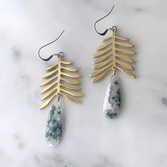 Earrings--"Conifer Branch", Dangle, Brass & Moss Agate (Sojourn Well)