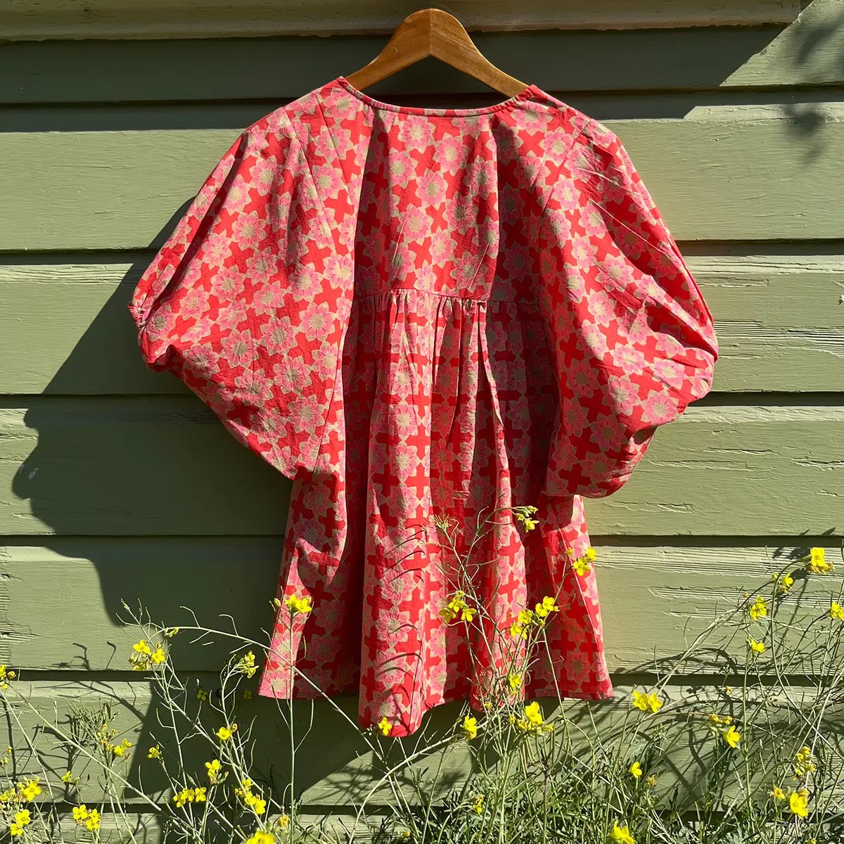 Blouse--"Albi", Tie-Front, Puff Sleeves, Red (Little Journeys)