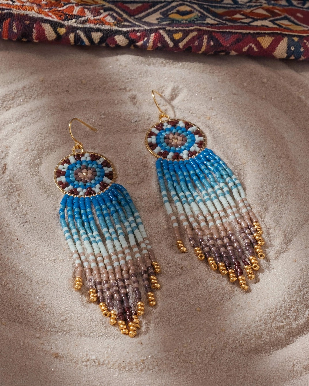 Earrings--"Mandala", Beaded, Wire Hooks, Blues/Tan (Mayana)