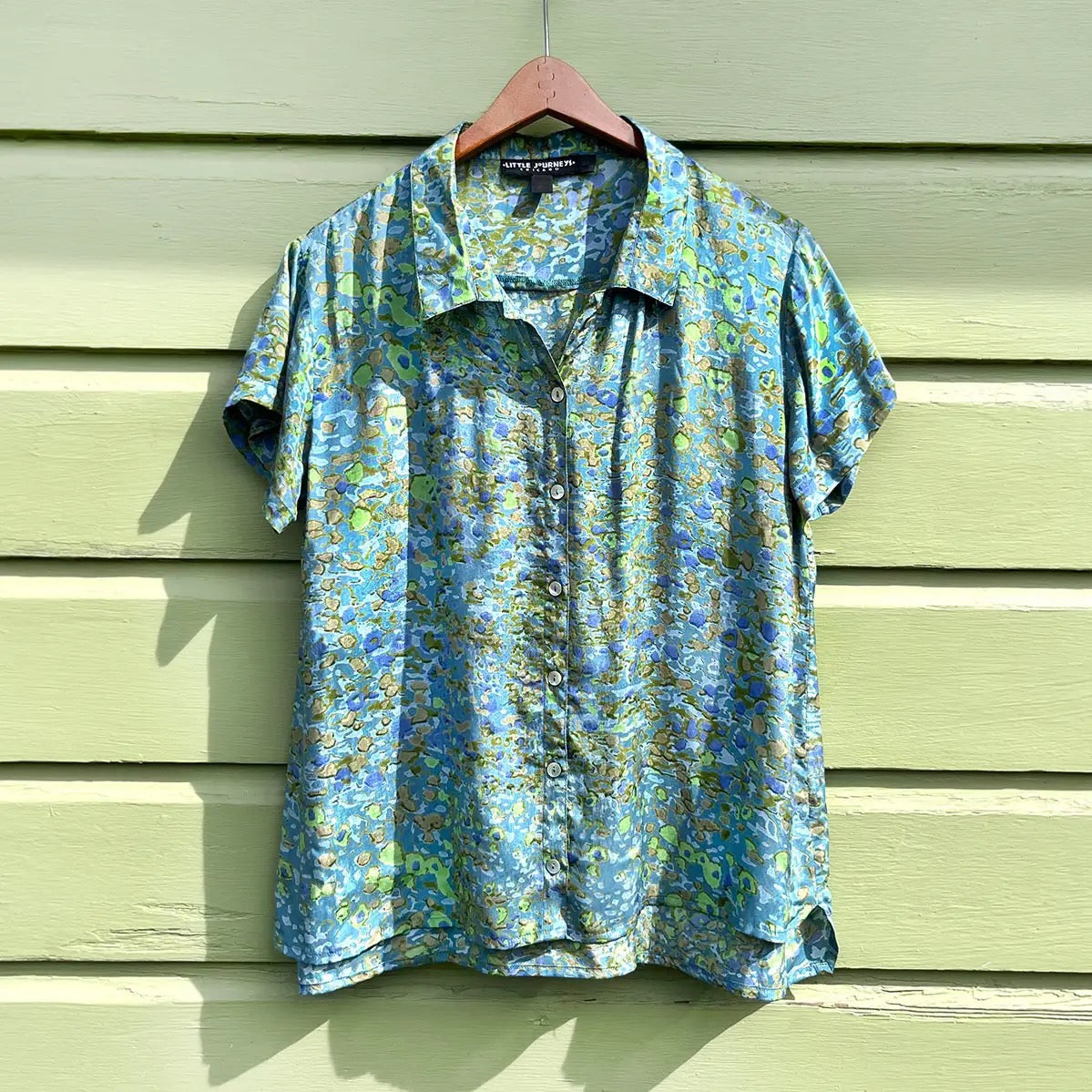 Blouse--"Mar--Fields Blue", Short Sleeved, Blue/Green/Olive (Little Journeys Chicago)
