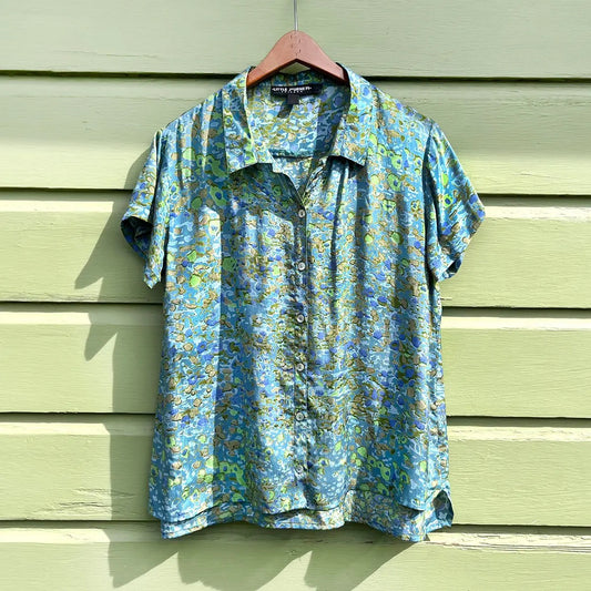 Blouse--"Mar--Fields Blue", Short Sleeved, Blue/Green/Olive (Little Journeys Chicago)