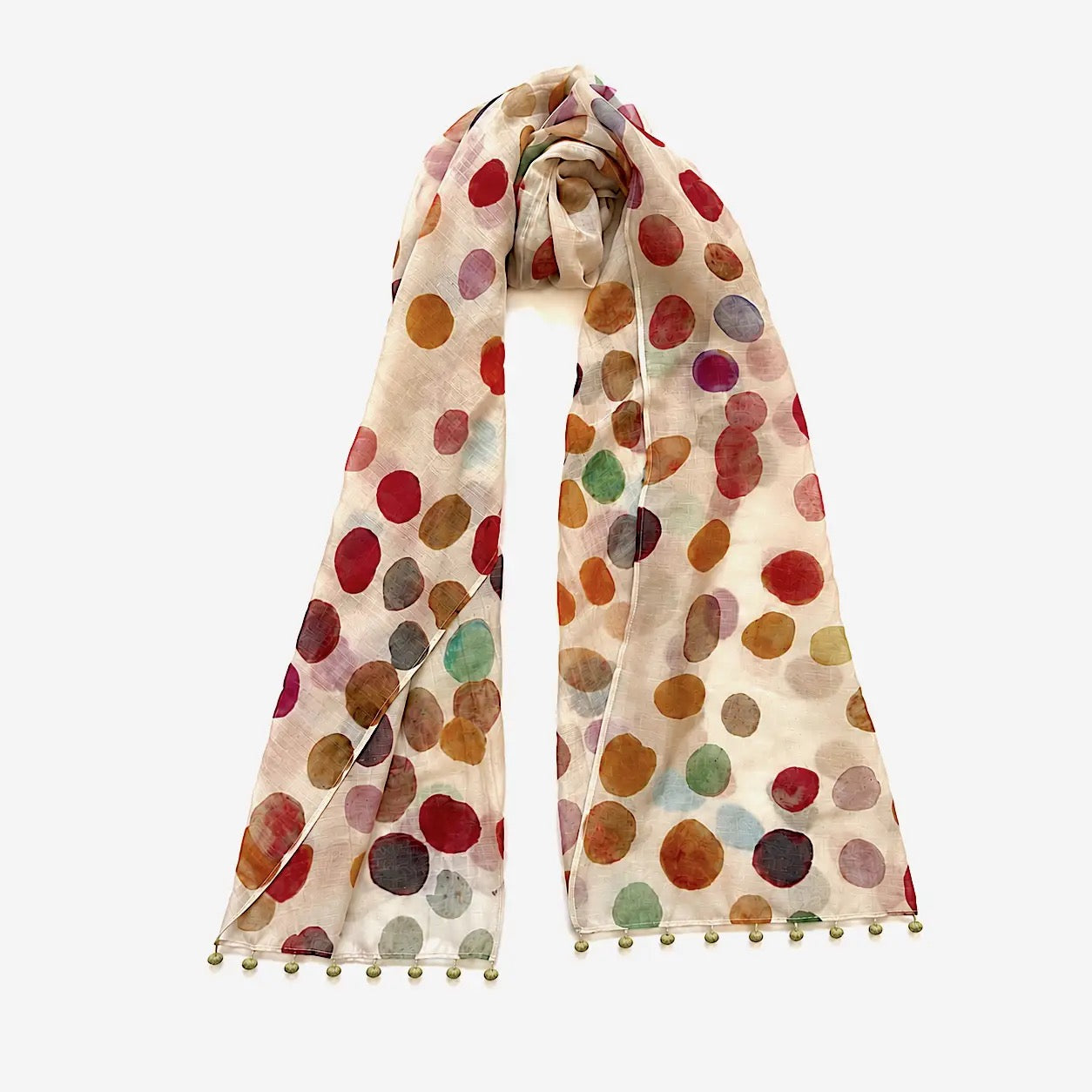 Scarf--Polka Dots, Cotton-Silk, White w/Multi-Color Dots (Marigold Row)