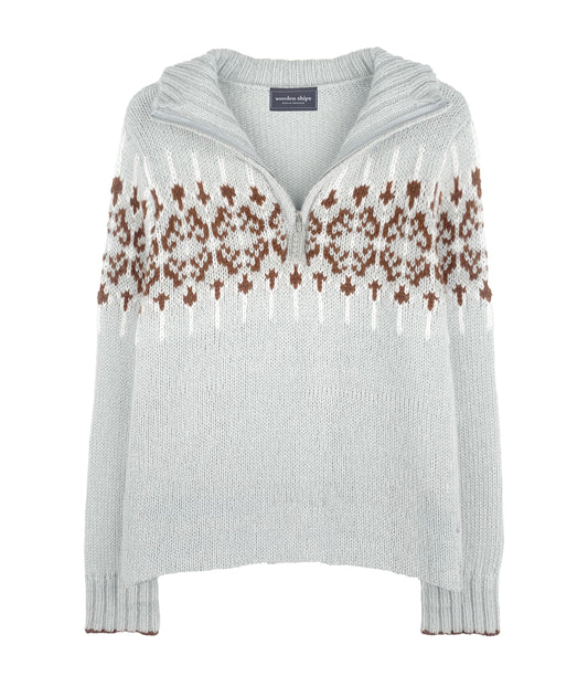 Sweater--"Meribel", Half Zip, Barely Grey/Chestnut Multi (Wooden Ships)