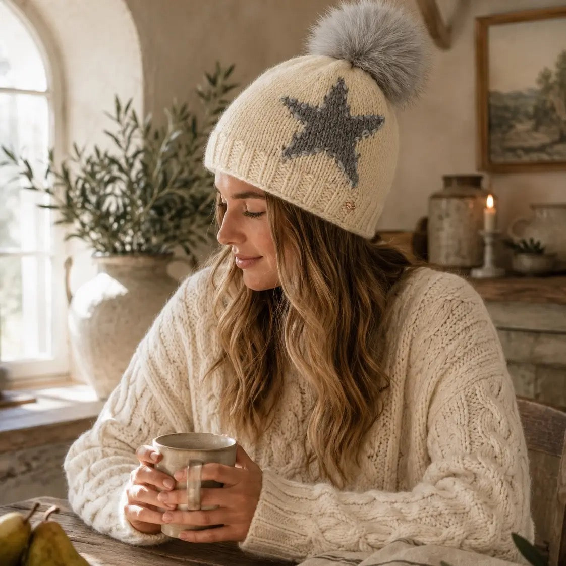 Hat--"Star", Beanie, Wool --Ecru (By Many Hands)