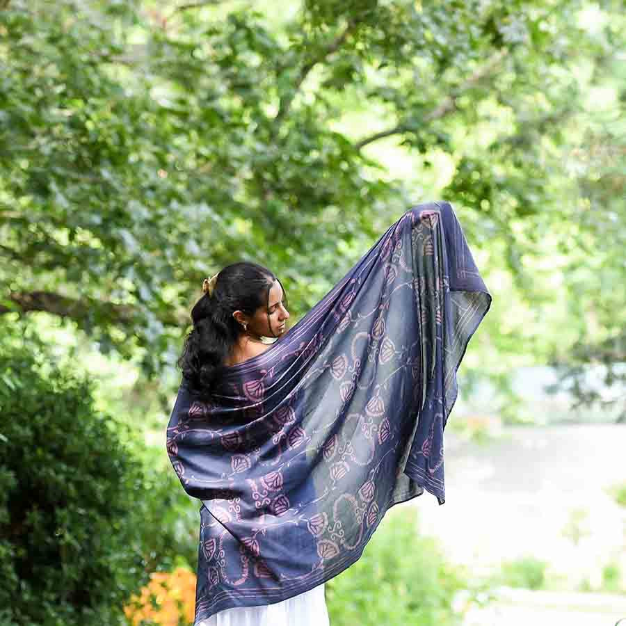 Scarf--Batik, Botanical, Cotton-Silk, Purple & Pink (Ichcha)