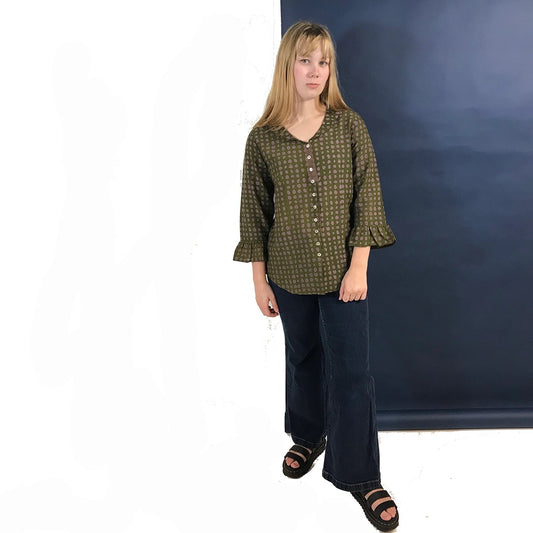 Blouse--"Paris-Pebbles", 3/4 Sleeve, Olive/Purple (Little Journeys Chicago)