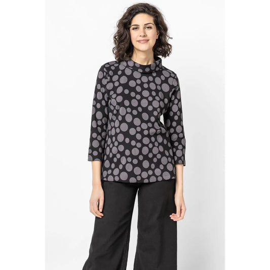 Top--"Spot"-Luna, Cowl, 3/4 Sleeve, Grey/Black (Komil)