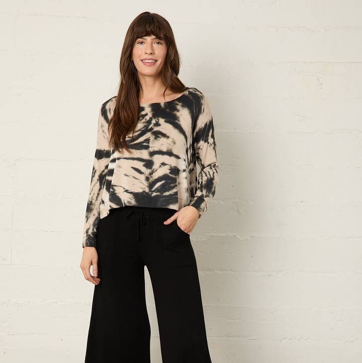 Top--"Good Morning--Caravan", Tie-Dye, Cream & Black (River+Sky)