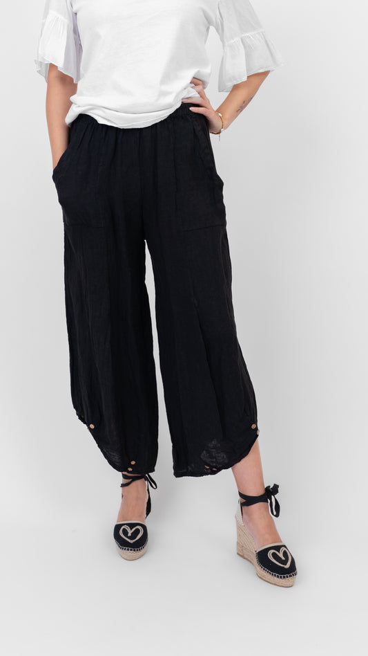 Pants--Lantern, Button-Hem detail, Linen, Black (Me & Gee)