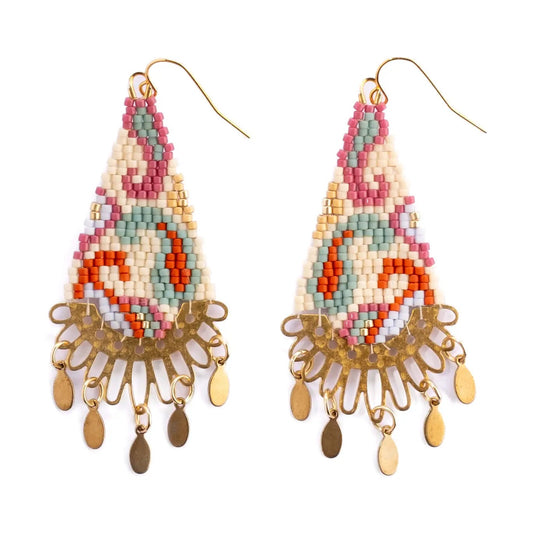 Earrings--"Paisley", Beaded, Wire Hooks, Cream/Turquoise/Red (Mayana)