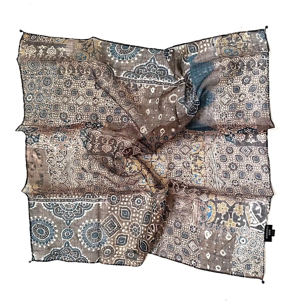 Scarf--, Cotton-Silk, Earthy Browns/Indigo/Off White (Marigold Row)