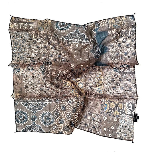 Scarf--, Cotton-Silk, Earthy Browns/Indigo/Off White (Marigold Row)