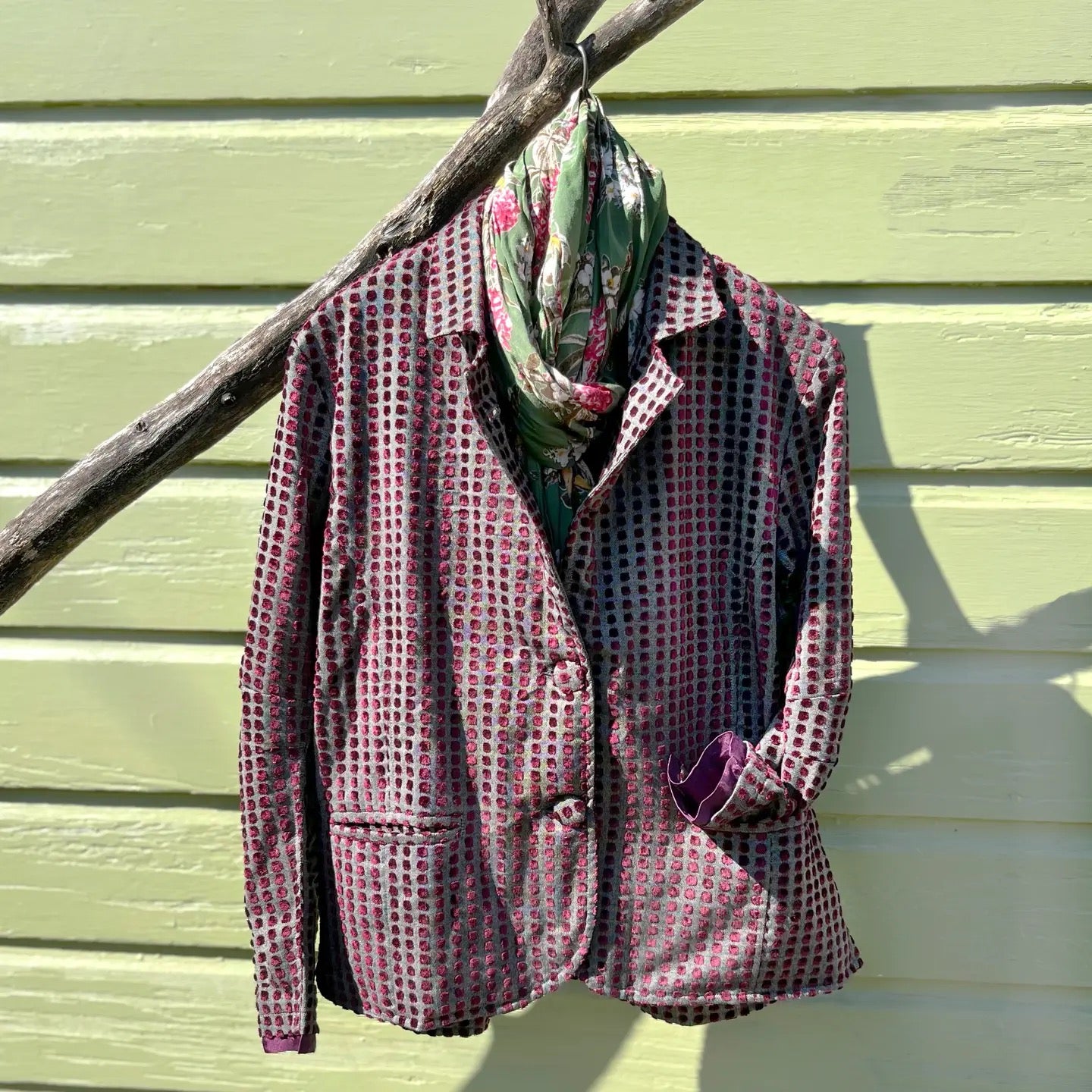 Jacket--"Althea", Long-Sleeved, Cotton, Velvet Squares, Plum (Little Journeys)