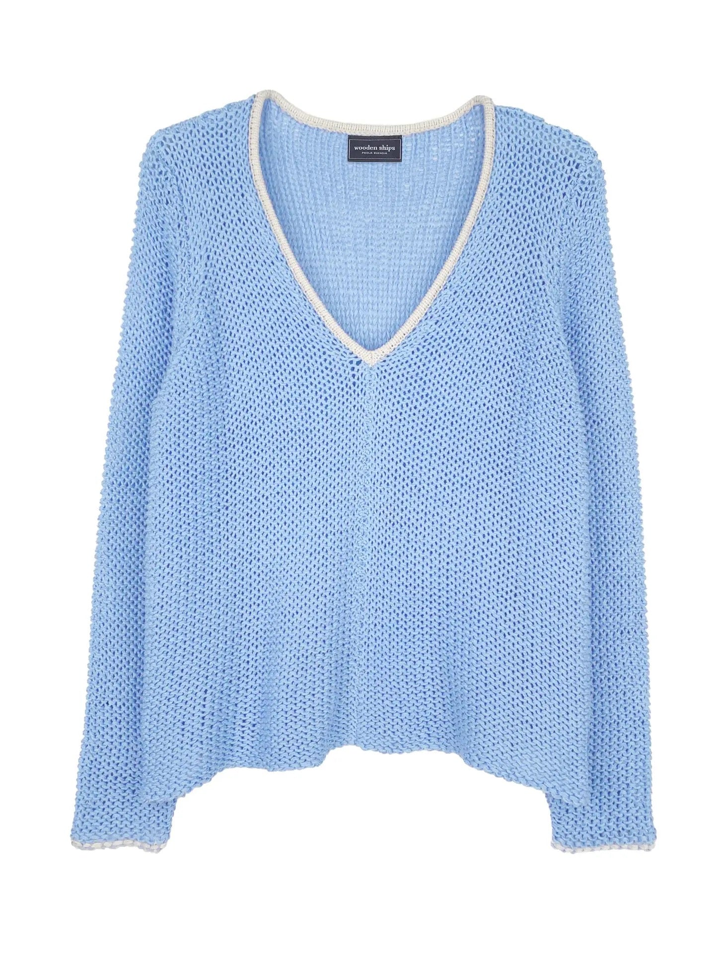 Sweater--"Maui", V-Neck, TIPPED, Cotton, Aqua/Green (Wooden Ships)