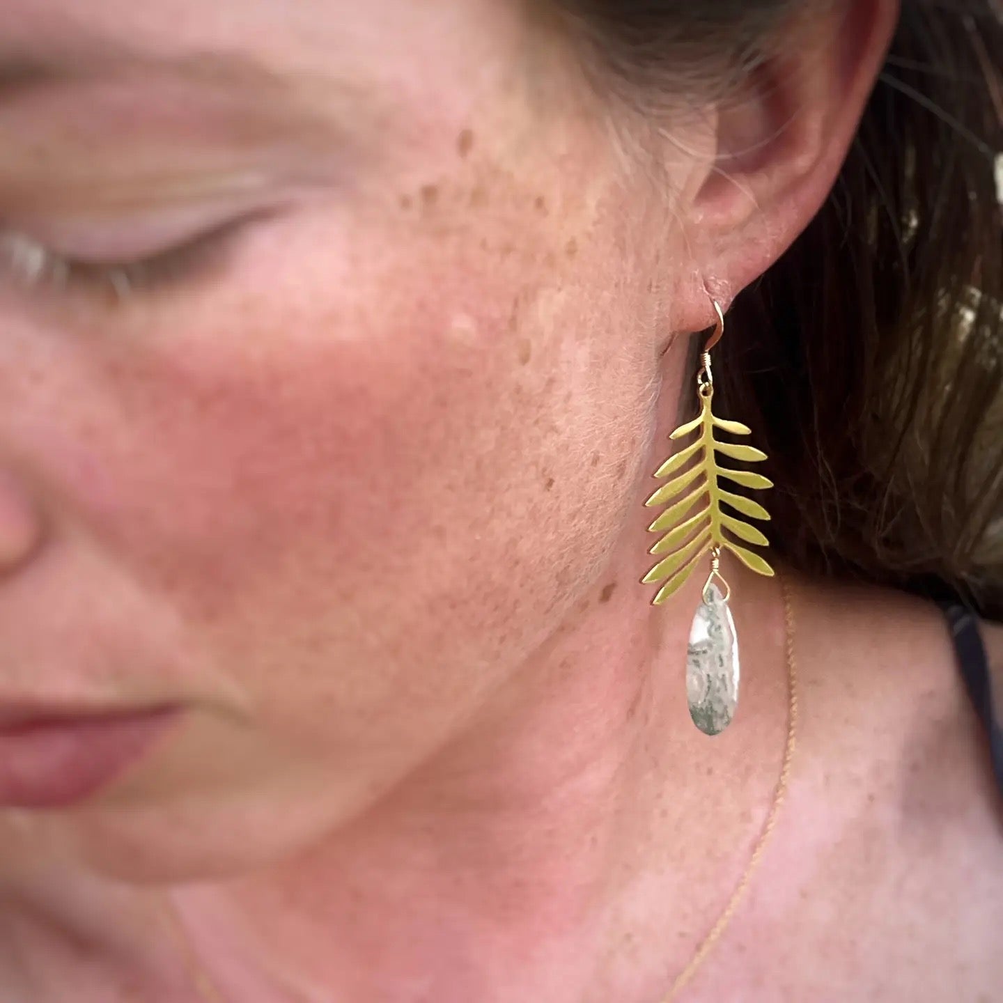 Earrings--"Conifer Branch", Dangle, Brass & Moss Agate (Sojourn Well)