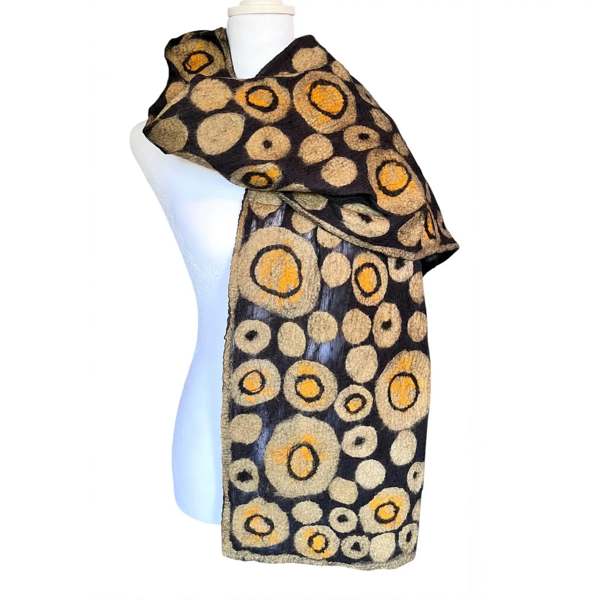 Scarf--"Golden Halo", Wool-Chiffon, Golden Circles (Pomegranate Moon)