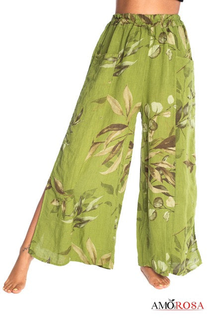 Pants--Wide Leg, Linen, Botanical Olive Print--Kiwi (Amorosa)