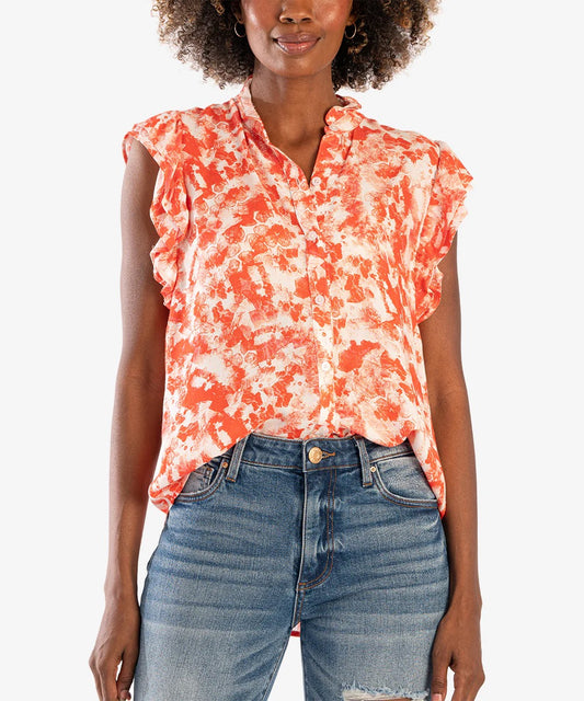 Blouse--"Katalia", Sleeveless, Buttons & Ruffles, Coral (Kut from the Kloth)