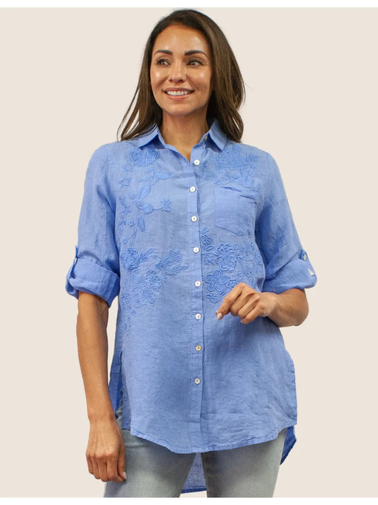 Shirt--"Dani", Linen, Capri Blue (Caite & Kyla SEO)