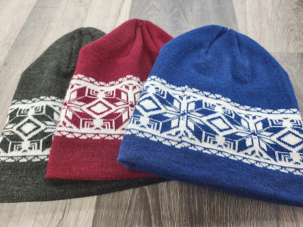 Hat--"Nordic Snowflake", Beanie, Alpaca--Evergreen, Royal Blue or Red (Suncrest Orchard Alpacas)