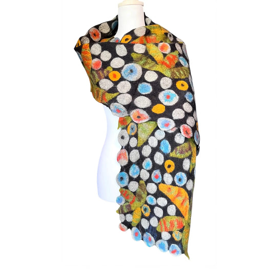 Scarf--"Starlit Canopy", Wool-Chiffon, Black w/Multi (Pomegranate Moon)