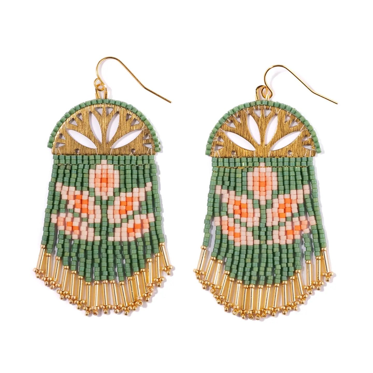 Earrings--"Lotus", Beaded, Wire Hooks, Sea Green (Mayana)