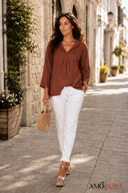 Tunic--Overlap, V-Neck, Linen, Redwood (Amorosa)