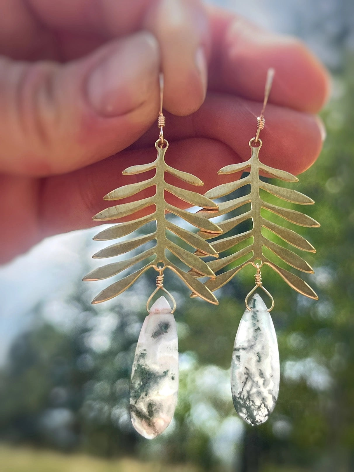 Earrings--"Conifer Branch", Dangle, Brass & Moss Agate (Sojourn Well)