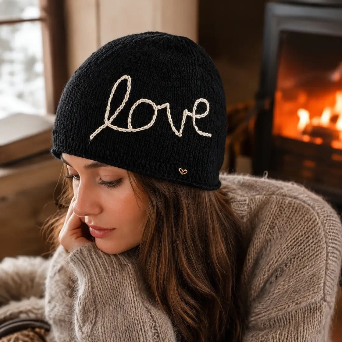 Hat--"Love", Beanie, Wool--Black w/White (By Many Hands)
