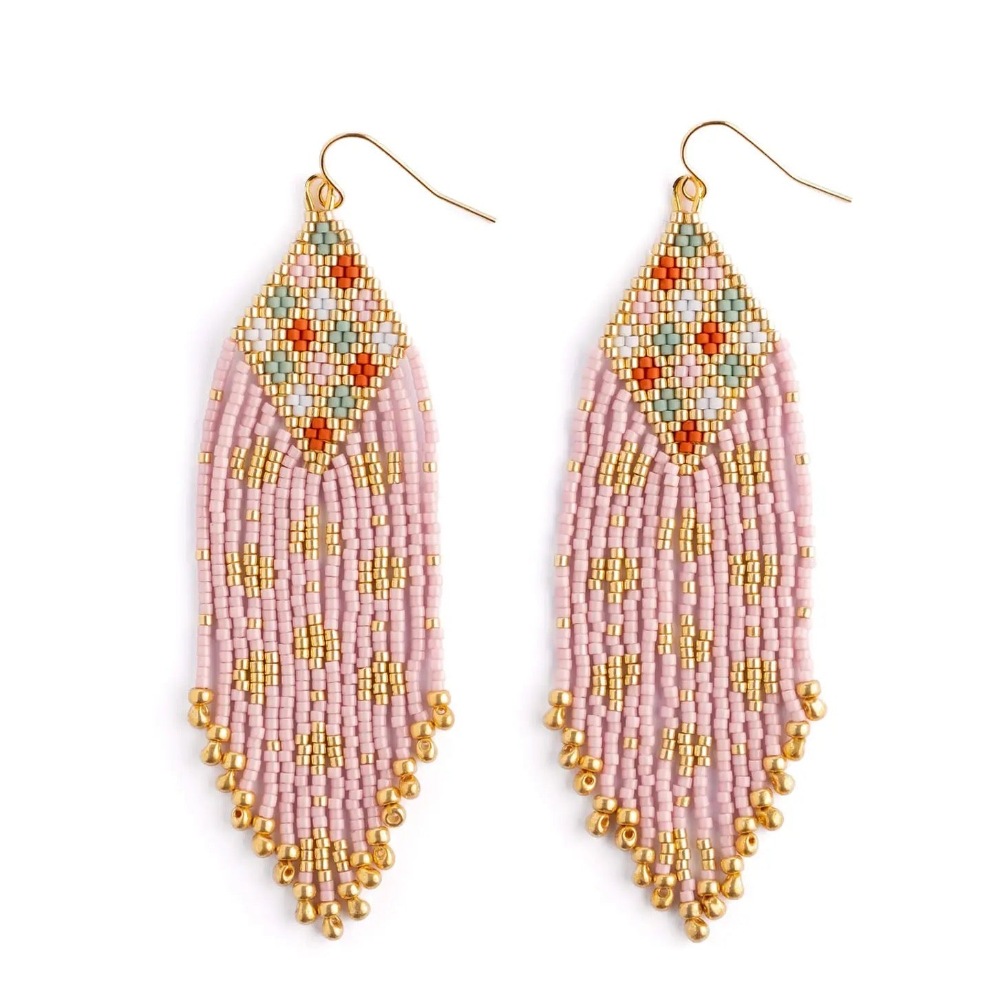 Earrings--"Sari", Beaded, Wire Hooks, Pink (Mayana)