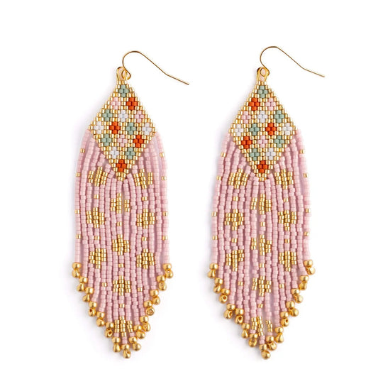 Earrings--"Sari", Beaded, Wire Hooks, Pink (Mayana)