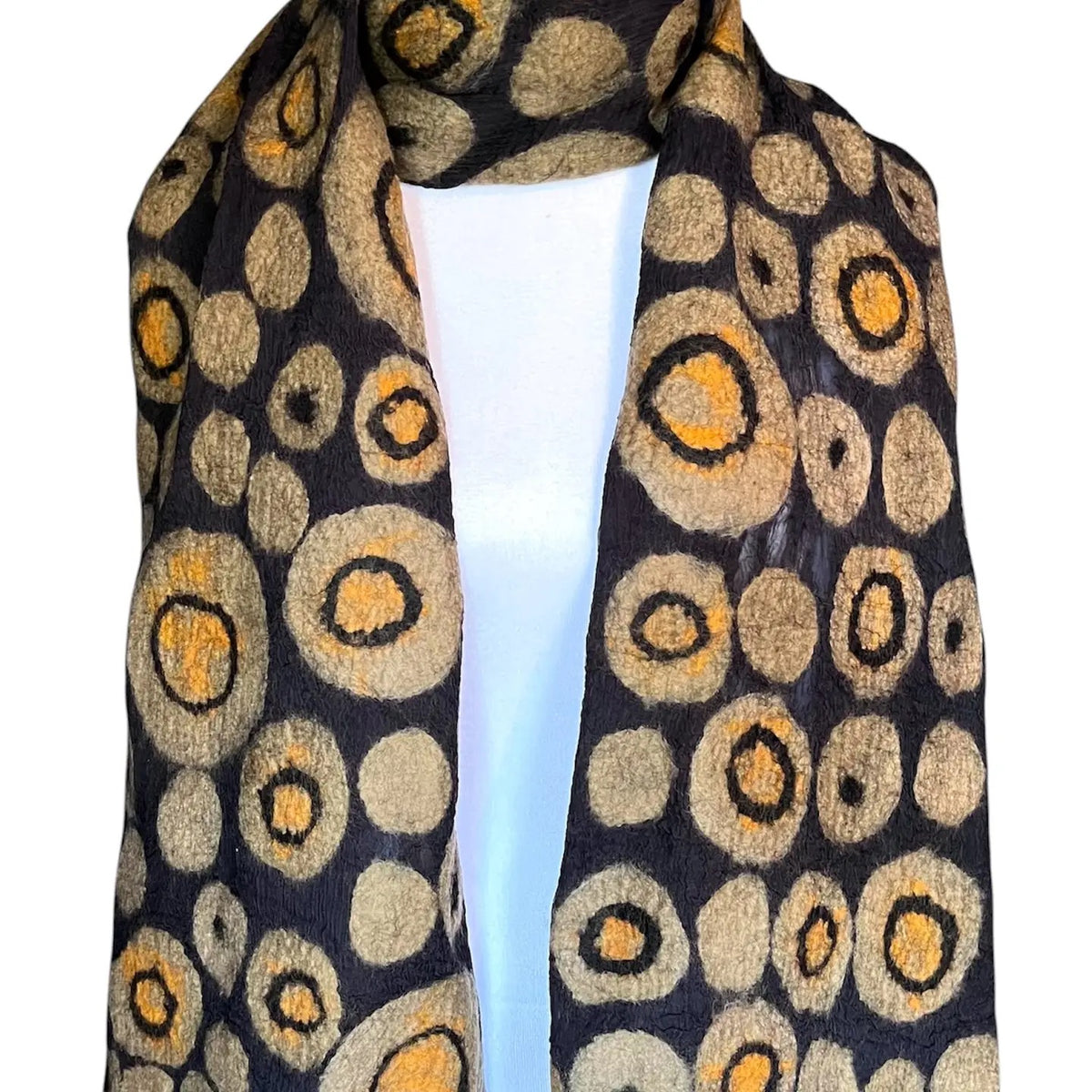 Scarf--"Golden Halo", Wool-Chiffon, Golden Circles (Pomegranate Moon)