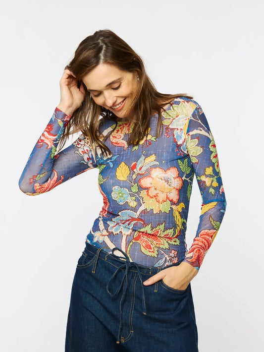 Top--"Denim Botanical", Long sleeved, Multi-Sheer (AMB Designs)