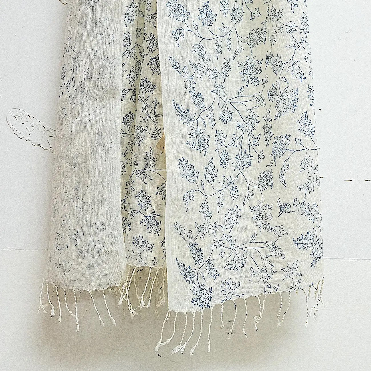 Shawl--Linen, Floral--Blue on Cream (Marigold Row)